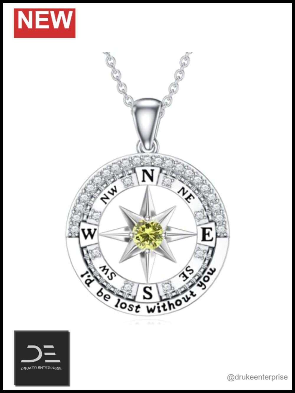 925 Sterling Silver Compass Birthstone Pendant Necklace Graduation Gift Women's
